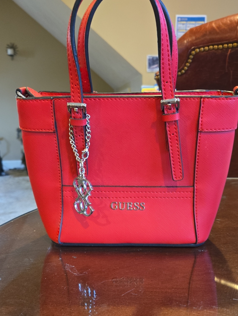 GUESS Red Structured Mini Tote 7 Inches Tall with Silver Charm And Strap